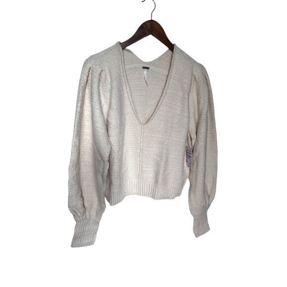 Free People Vanilla Textured V-Neck Sweater Pullover Balloon Sleeves Medium - Picture 2 of 6